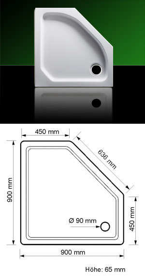Acrylduschtasse 5 Eck 90 x 90 x 6,5 mit Träger und Ablauf