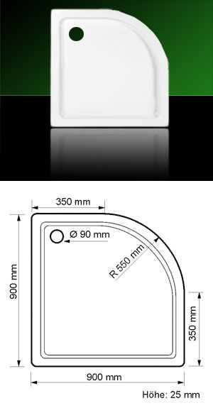 Acrylduschtasse Viertelkreis 90 x 90 x 2,5 mit Träger und Ablauf